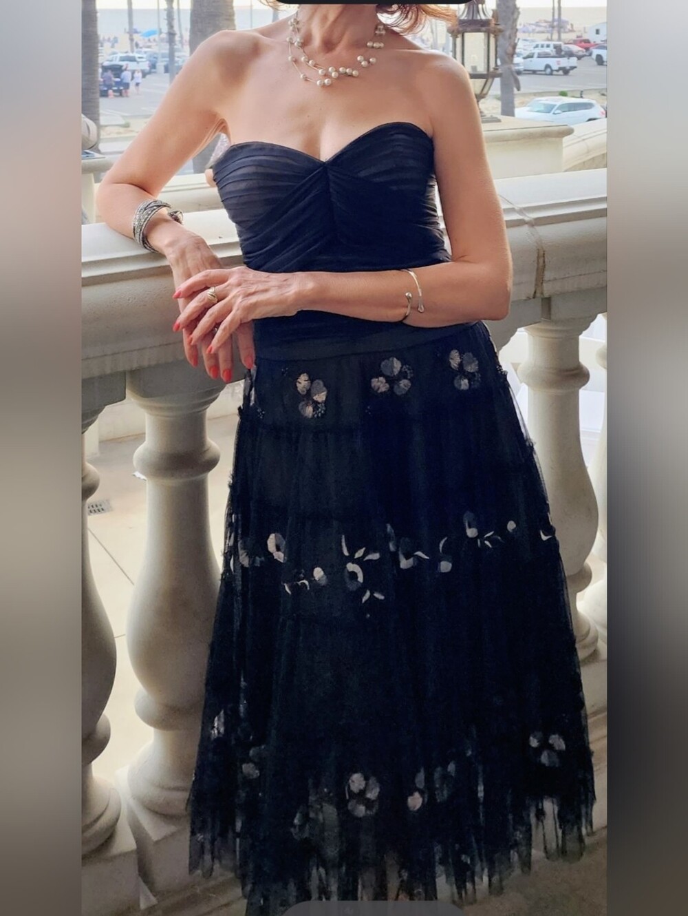 BCBGMaxAzria Black Strapless Tulle Dress with Silver Floral Appliqué